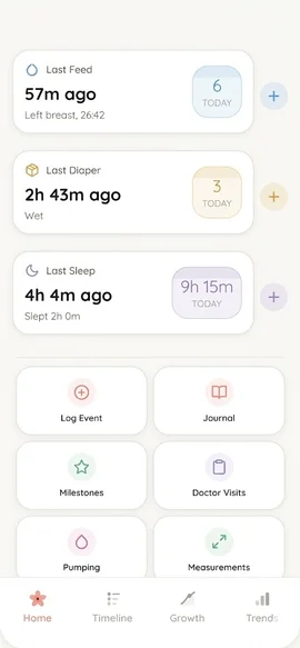Bloom Days app — home dashboard showing recent feeds, diaper and sleep activity